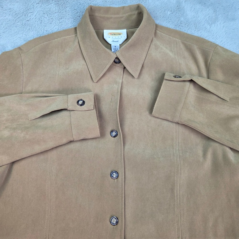 Talbots Faux Suede Jacket Womens M Petites Stretch‎ Button Down Side Pockets Tan